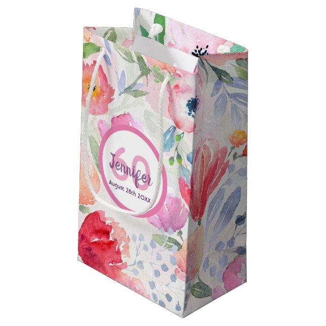 Bolsa De Regalo Pequeña Monograma de floros rosados de cumpleaños (Angulo reverso)