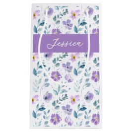 Bolsa De Regalo Pequeña Monograma de nombre de flor silvestre acuarela púr