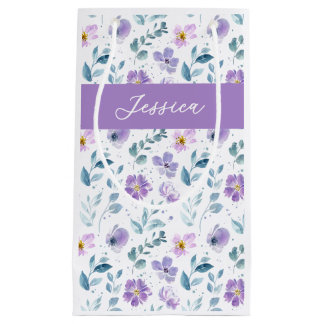 Bolsa De Regalo Pequeña Monograma de nombre de flor silvestre acuarela púr