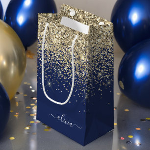 Bolsa De Regalo Pequeña Monograma de nombre femenino con brillo en azul ma