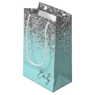 Bolsa De Regalo Pequeña Monograma de purpurina plateada y azul acua femeni