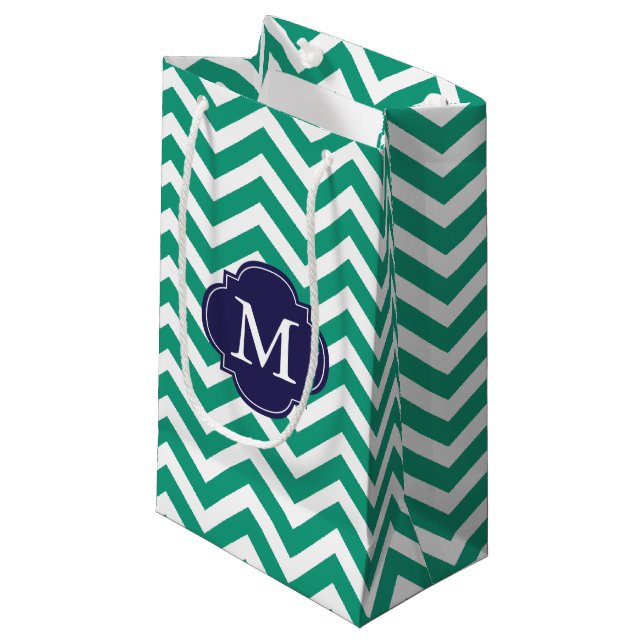 Bolsa De Regalo Pequeña Monograma del patrón zigzag esmeralda y azul (Angulo Anverso)