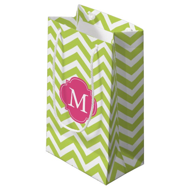 Bolsa De Regalo Pequeña Monograma del patrón zigzag verde y rosa caliente (Angulo Anverso)
