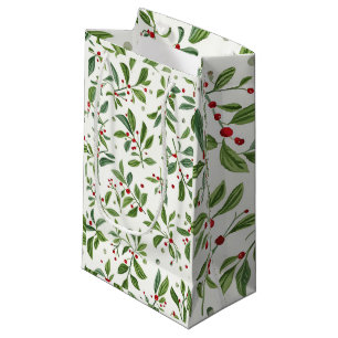 Bolsa De Regalo Pequeña Muérdago Alegre Acuarela Rojo Fruta Blanca