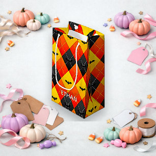 Bolsa De Regalo Pequeña Murciélago de Argyle naranja y negro de Halloween