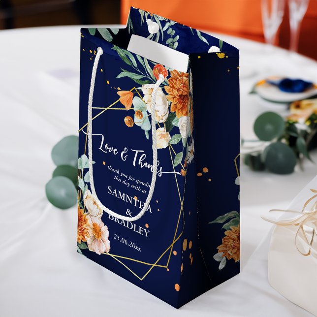Bolsa De Regalo Pequeña Naranja azul sage flores azul marino gracias (Orange blue sage flowers navy blue thank you small gift bag wedding favor bag wedding welcome bag)