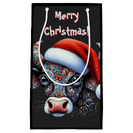 Bolsa De Regalo Pequeña Navidades Cow Bull con Santa Hat Arte Popular Mexi
