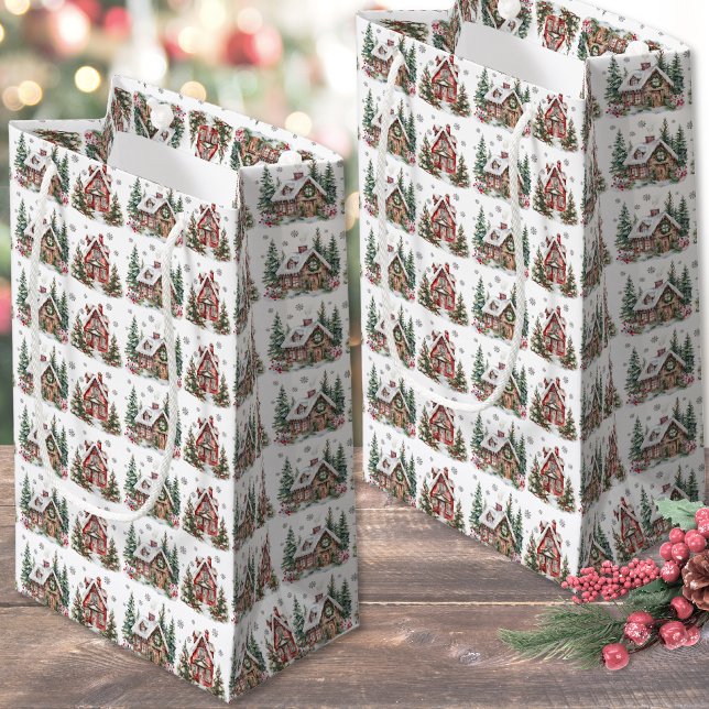 Bolsa De Regalo Pequeña Navidades de acuarela de invierno festivo (Festive Winter Cabin Watercolor Christmas Small Gift Bag)