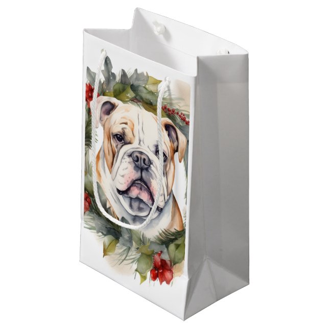 Bolsa De Regalo Pequeña Navidades de bulldog Wreath Festive Pup (Angulo Anverso)