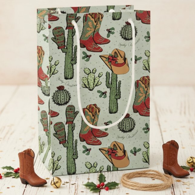 Bolsa De Regalo Pequeña Navidades de Cowboy occidentales rojo y verde (Country Western Cowgirl Howdy Christmas Gift Bags. Sage Green Rustic Rodeo Xmas Cowboy Boots & Cacti)
