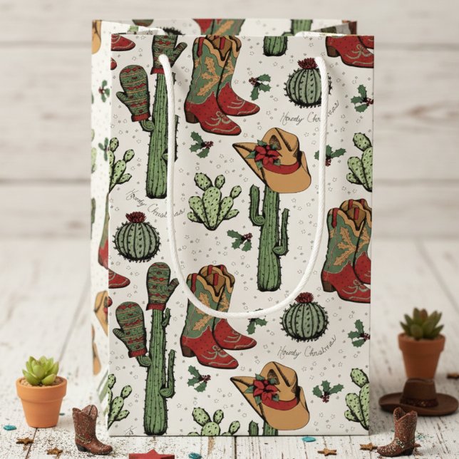 Bolsa De Regalo Pequeña Navidades de Cowboy occidentales rojo y verde (Country Western Cowgirl Howdy Christmas Gift Bags. Rustic Rodeo Xmas Cowboy Boots & Cacti Pattern)