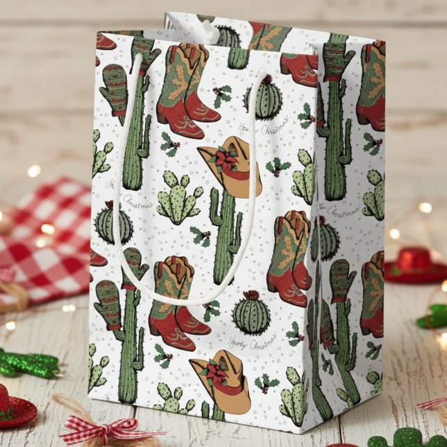 Bolsa De Regalo Pequeña Navidades de Cowboy occidentales rojo y verde (Western Cowgirl Howdy Christmas Gift Bags for Her. Elegant Xmas Cowboy Boots, Cacti, Holly Berries)