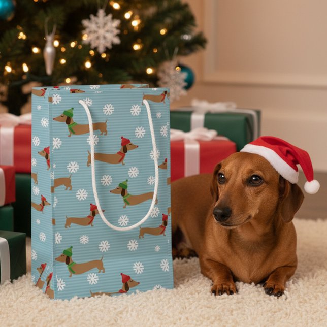 Bolsa De Regalo Pequeña Navidades de Dachshund envueltos con papel tieso c (Blue dachshund Christmas gift bag - variety of sizes)