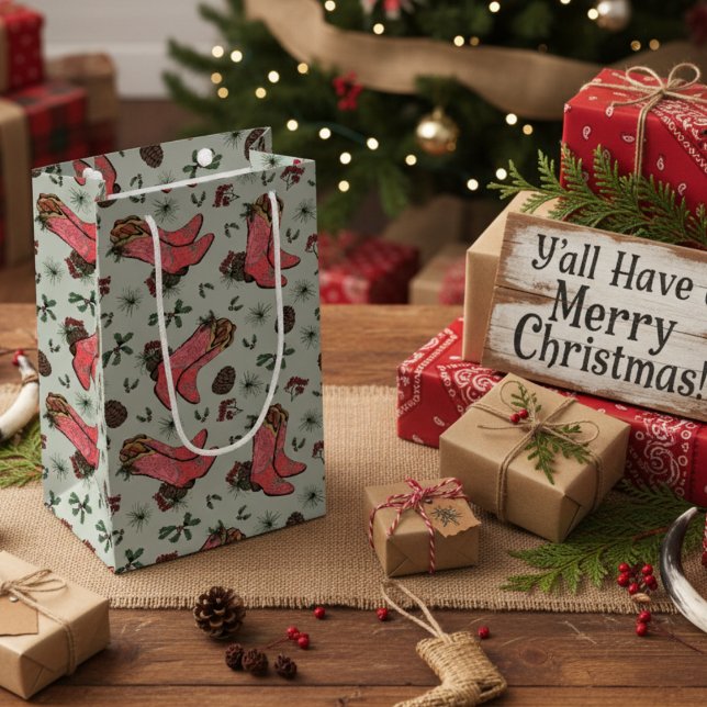 Bolsa De Regalo Pequeña Navidades de las vacas occidentales rosa y verde (Sage Green Western Christmas Pink & Red Cowgirl Boots, Pinecones & Berries. Cute Rustic Boot Pattern)