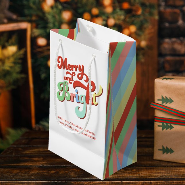 Bolsa De Regalo Pequeña Navidades de Personalizados merry y Bright (Merry and Bright Christmas custom gift bag with retro typography. )