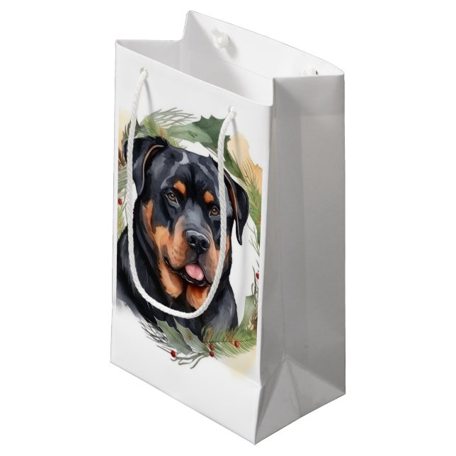 Bolsa De Regalo Pequeña Navidades de Rottweiler Wreath Festimes Pup (Angulo Anverso)