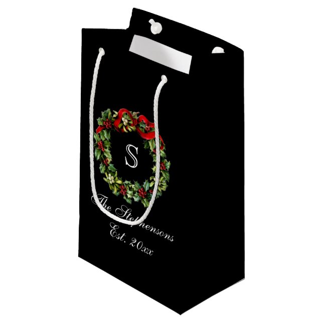 Bolsa De Regalo Pequeña Navidades del Monograma Classic Holly Wreath Perso (Angulo Anverso)