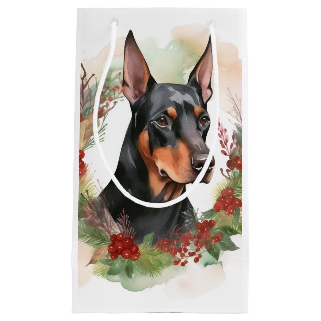 Bolsa De Regalo Pequeña Navidades Doberman Wreath Festive Pup (Anverso)