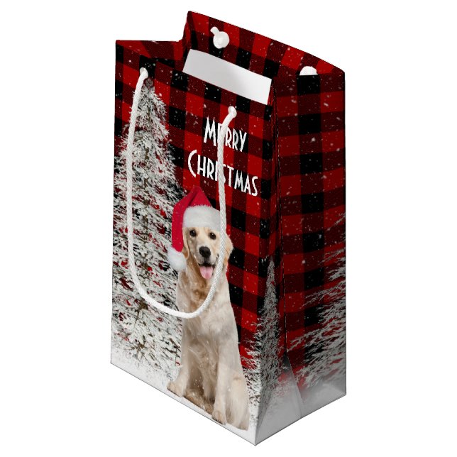 Bolsa De Regalo Pequeña Navidades Golden Retriever En Buffalo Plaid (Angulo Anverso)