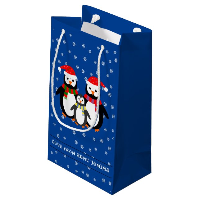 Bolsa De Regalo Pequeña Navidades personalizado texto pingüinos azul (Angulo reverso)