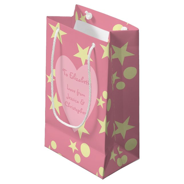 Bolsa De Regalo Pequeña Navidades rosados y amarillos con estrellas y muñe (Angulo Anverso)