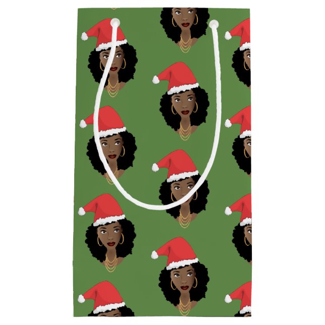 Bolsa De Regalo Pequeña Navidades Santa Hat, mujer negra, verde (Anverso)