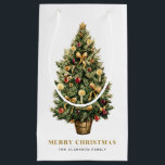Bolsa De Regalo Pequeña Navidades Watercolor Vintage Christmas Tree Gold<br><div class="desc">Feliz Navidad | Añade un acento festivo a tus regalos de vacaciones con esta bolsa de regalo para Navidades de personalizable. Cuenta con un acuarela árbol de Navidad con adornos festivos de rojo y oro. Personalice agregando sus propios detalles. Esta vintage bolsa de regalo de Navidad es perfecta como un...</div>