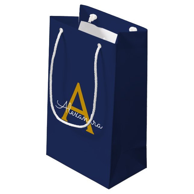 Bolsa De Regalo Pequeña Navy Blue Gold Modern Script Girly Monograma Nombr (Angulo reverso)