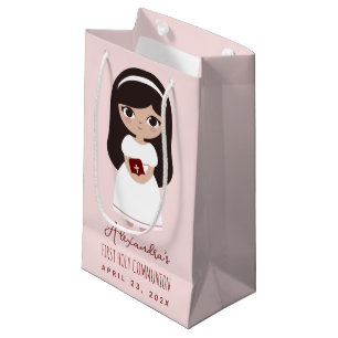 Bolsa De Regalo Pequeña Niña morena religiosa primera comunión rosa
