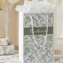 Nombre de monograma de toile vintage floral verde 