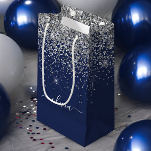 Bolsa De Regalo Pequeña Nombre de monograma femenino con brillo azul marin