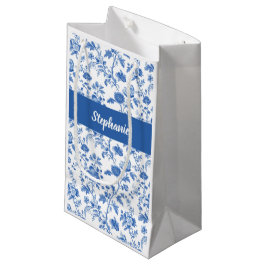 Bolsa De Regalo Pequeña Nombre de monograma floral vintage azul blanco