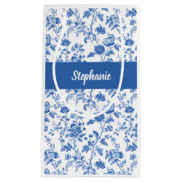 Bolsa De Regalo Pequeña Nombre de monograma floral vintage azul blanco