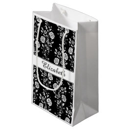 Bolsa De Regalo Pequeña Nombre de patrón floral blanco y negro elegante