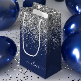 Bolsa De Regalo Pequeña Nombre Monograma Glitter Azul Marino Plateado Feme