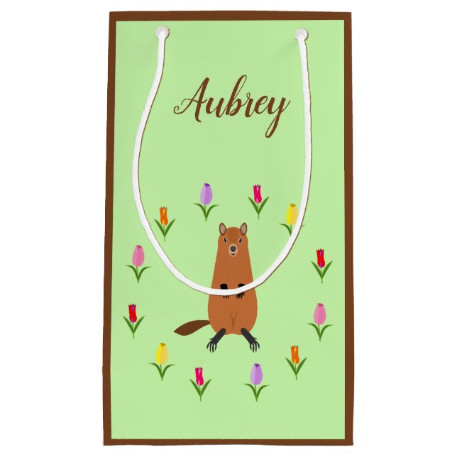 Bolsa De Regalo Pequeña Nombre personalizado de cute Groundhog y Tulip Flo (Anverso)