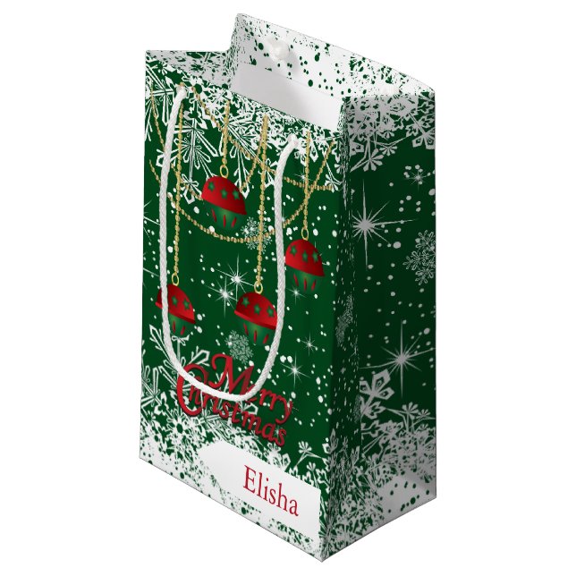 Bolsa De Regalo Pequeña Ornamentos de Feliz Navidad Rojo, Verde y Oro (Angulo Anverso)