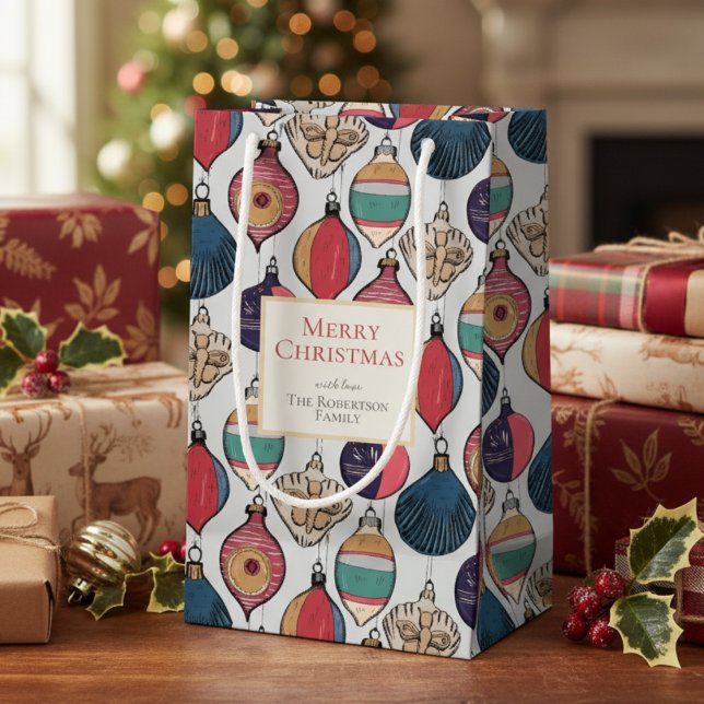 Bolsa De Regalo Pequeña Ornamentos de navidad de grisáceo ruso (Colorful Light Gray Vintage Ornaments Xmas Wrapping Paper. Retro Chic Xmas Holiday Season Pattern)