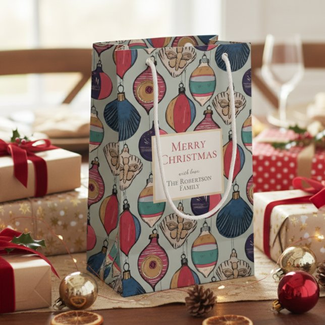 Bolsa De Regalo Pequeña Ornamentos de navidad verde de sabio ruso (Colorful Sage Green Vintage Ornaments Xmas Wrapping Paper. Retro Chic Xmas Holiday Season Pattern)