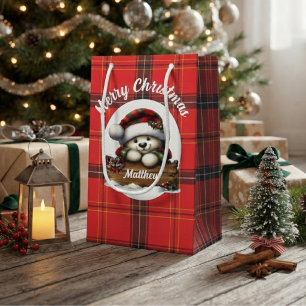 Bolsa De Regalo Pequeña Oso de Navidad a Cuadros