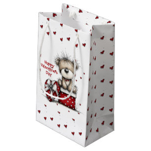 Bolsa De Regalo Pequeña Oso de peluche con corazón y caja de lunares