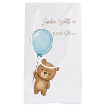 Oso de peluche lindo con globo azul para baby show