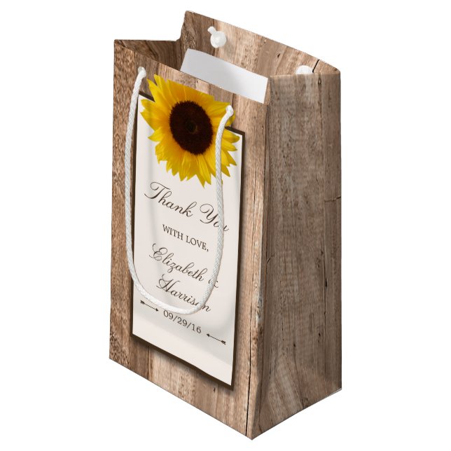 Bolsa De Regalo Pequeña País Rústico Girasol y Boda de Madera Marrón (Angulo Anverso)