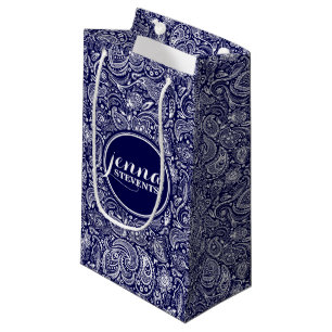 Bolsa De Regalo Pequeña Paisley de la época dorada azul oscuro y blanco 2