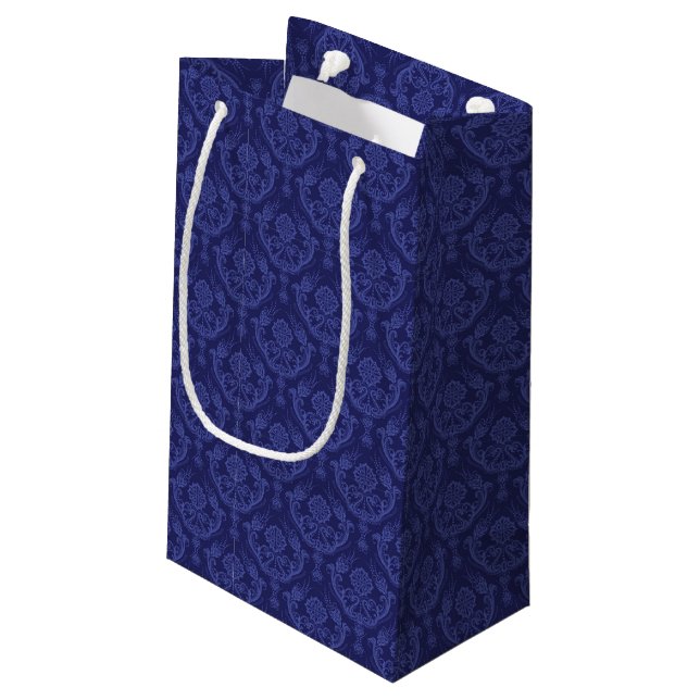 Bolsa De Regalo Pequeña Papel pintado floral azul de lujo del damasco (Angulo reverso)