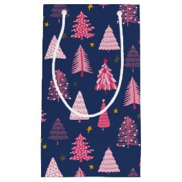 Bolsa De Regalo Pequeña Patrón de árbol de Navidad azul y rosa