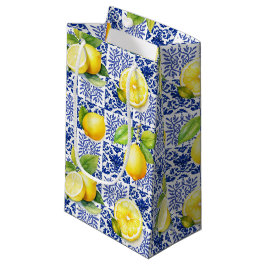 Bolsa De Regalo Pequeña Patrón de Baldosa de Limón Azul Blanco Mediterráne