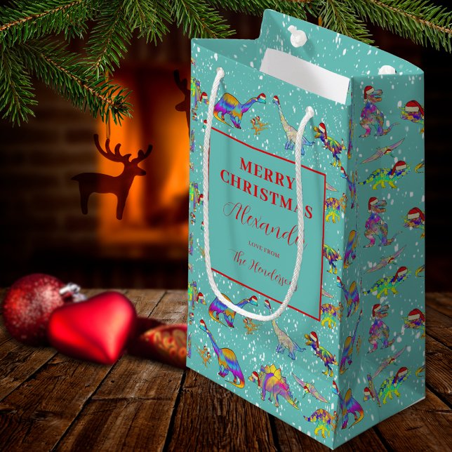 Bolsa De Regalo Pequeña Patrón de dinosaurios navidades personalizado (Christmas dinosaurs wearing Santa hats pattern personalized holiday gift bag)