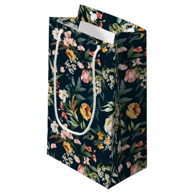 Bolsa De Regalo Pequeña Patrón de flores de jardín de estilo azul oscuro (Angulo Anverso)