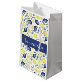 Bolsa De Regalo Pequeña Patrón de limón country francés azul con monograma